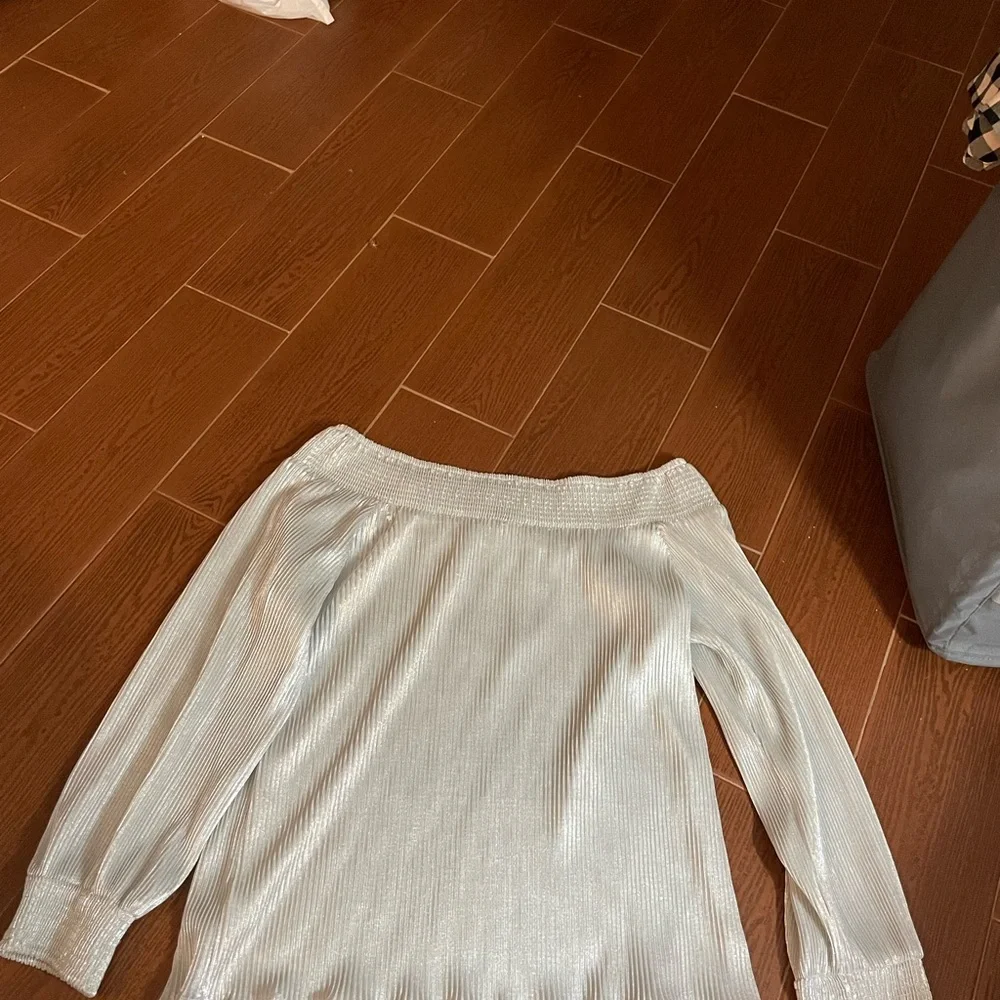 Anthropologie Lulumari shimmer silver elastic on off shoulder pleat blouse sz LG - Picture 12 of 15